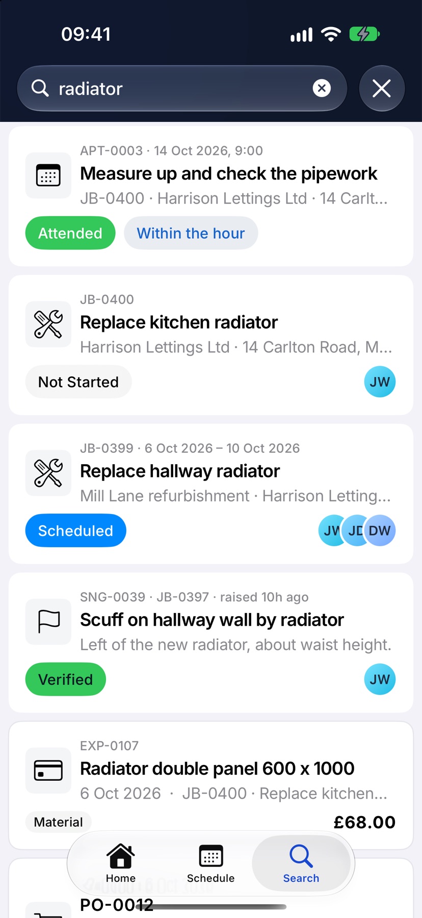 The Search page with radiator typed in and results below, including jobs, an appointment, a snag and an expense