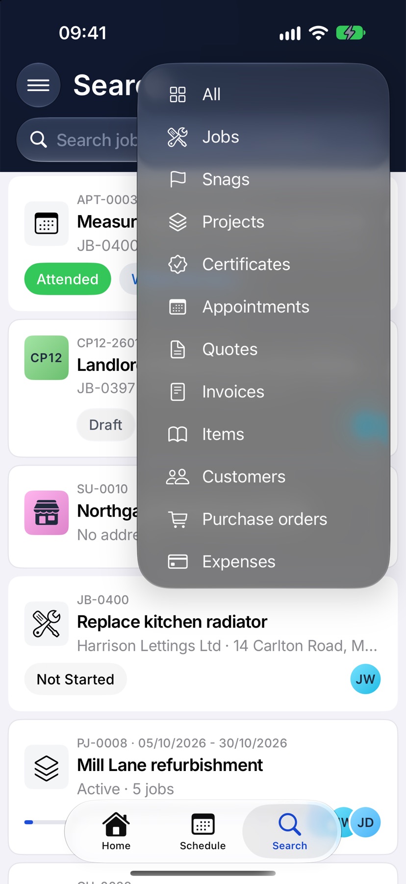 The Search page with the filter menu open at the top right, listing All, Jobs, Snags, Projects and the rest