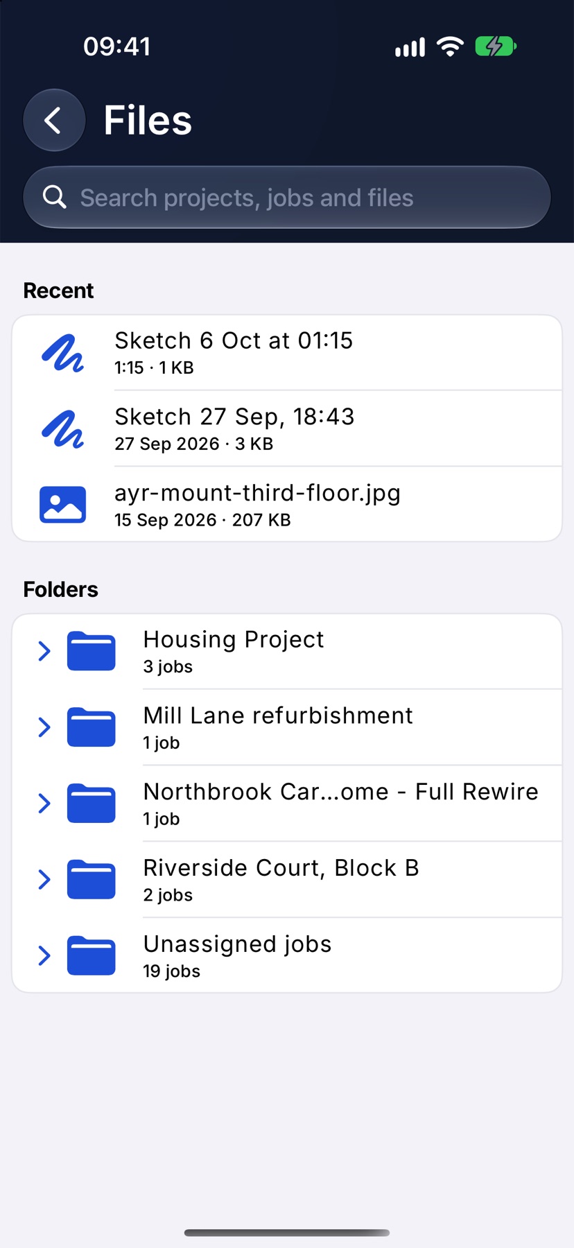 The Files page as it opens, with Recent at the top and project folders under Folders