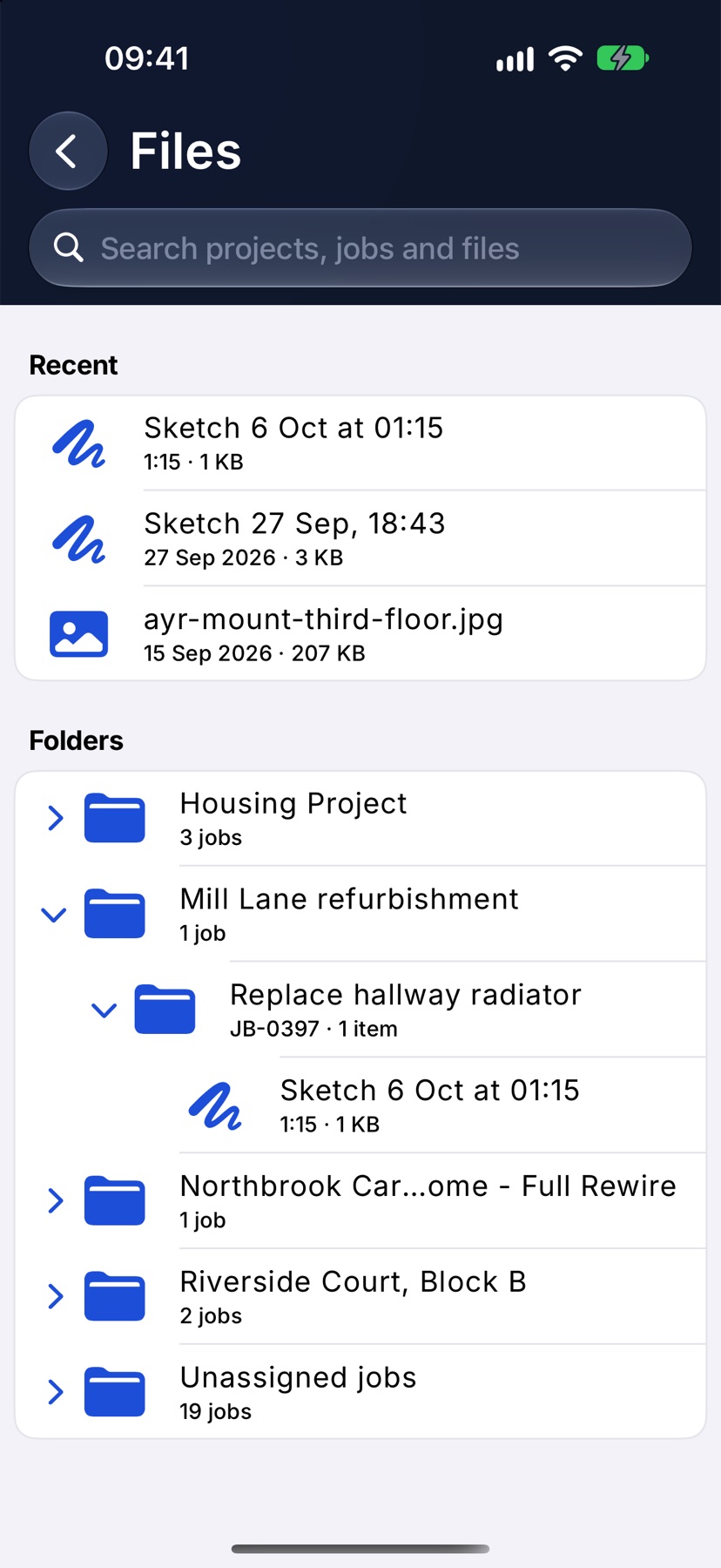The Files page with a project folder and the job Replace hallway radiator opened, showing a drawing saved on the job