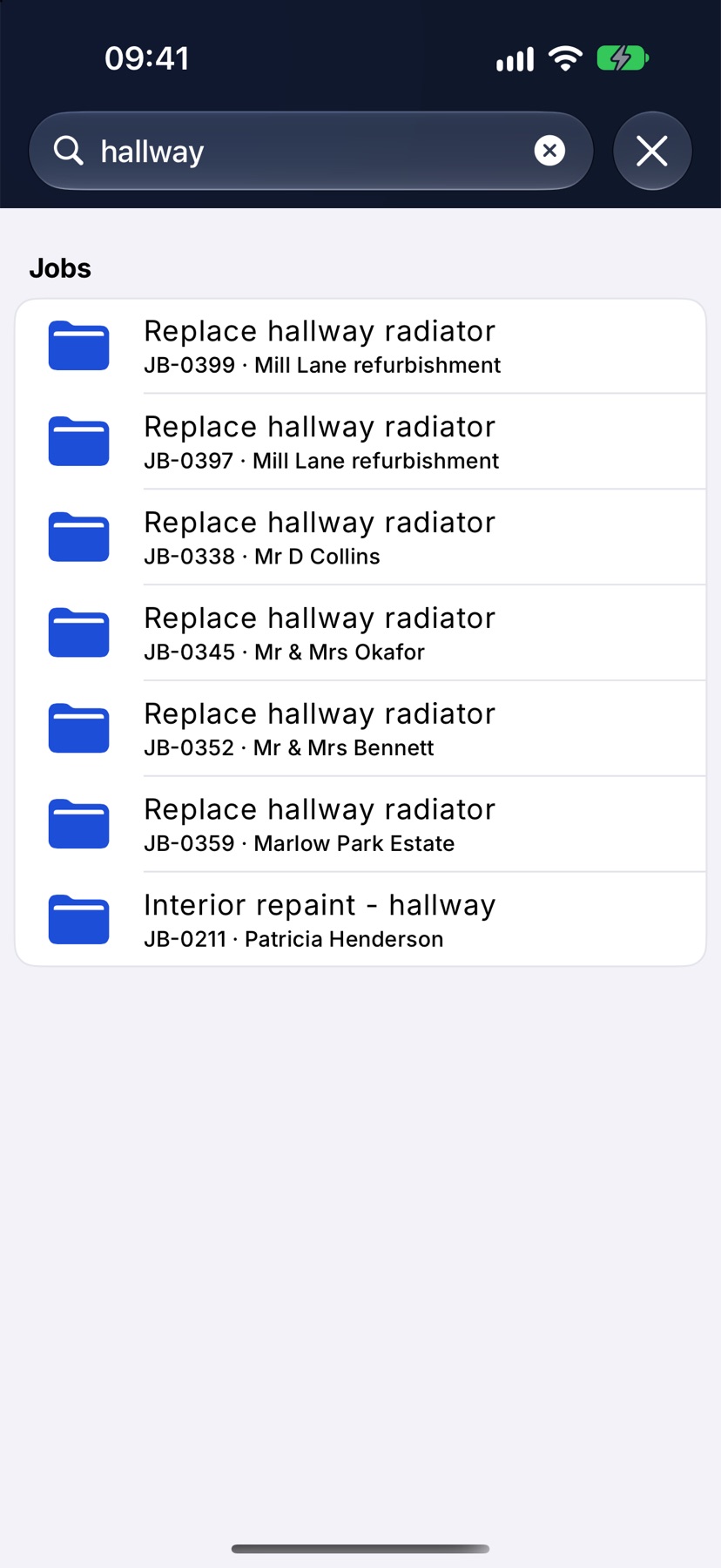 The Files page with a search typed in and results grouped under Files, Jobs and Projects