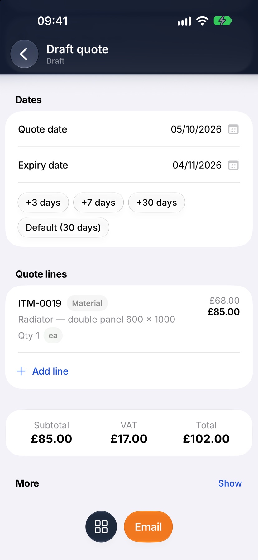 The saved draft quote with the Email button