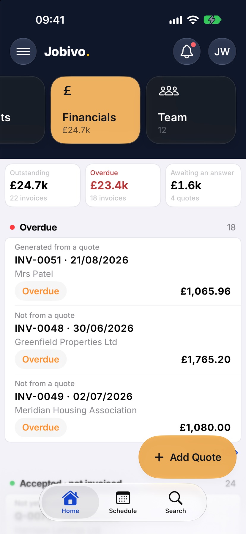 Home with Financials selected and the Add Quote button at the bottom right