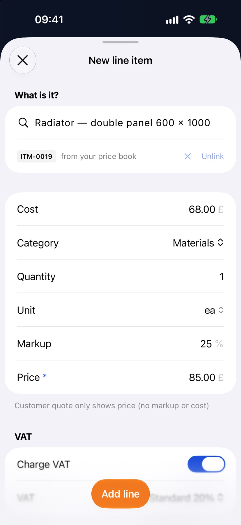 The line filled from the price book, with cost, quantity, markup and price