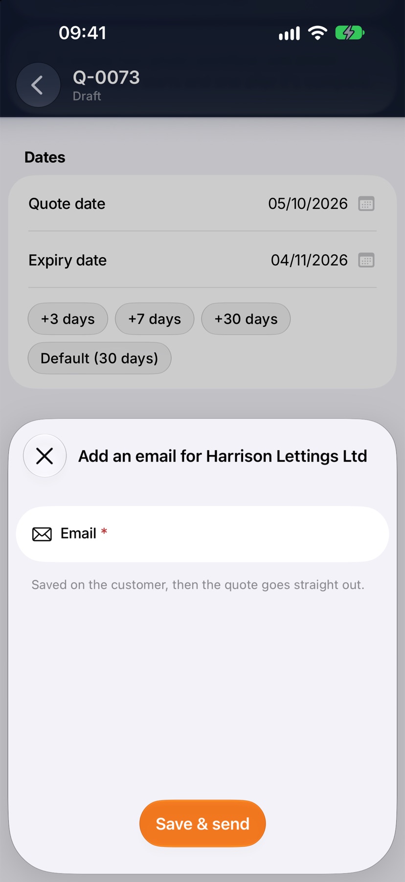The sheet asking for the customer's email, with a Save and send button