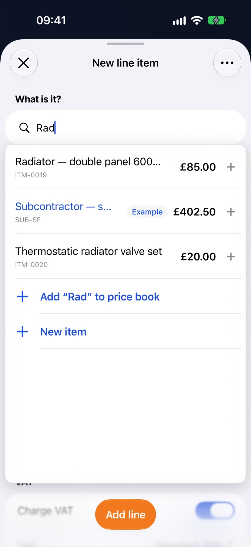 New line item with a price book search and the matching radiator items