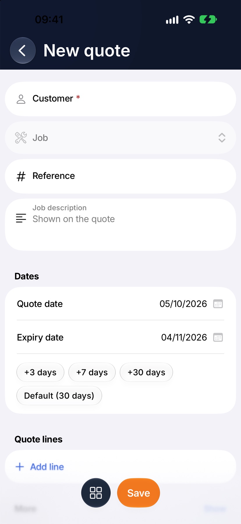 The New quote form as it opens, with Customer at the top