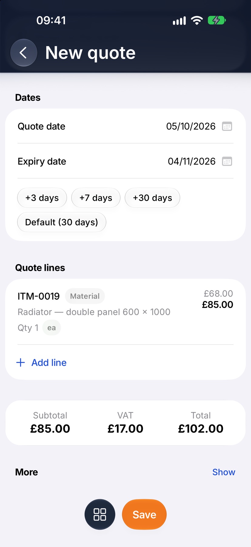 The quote with one line and its totals, and the Save button