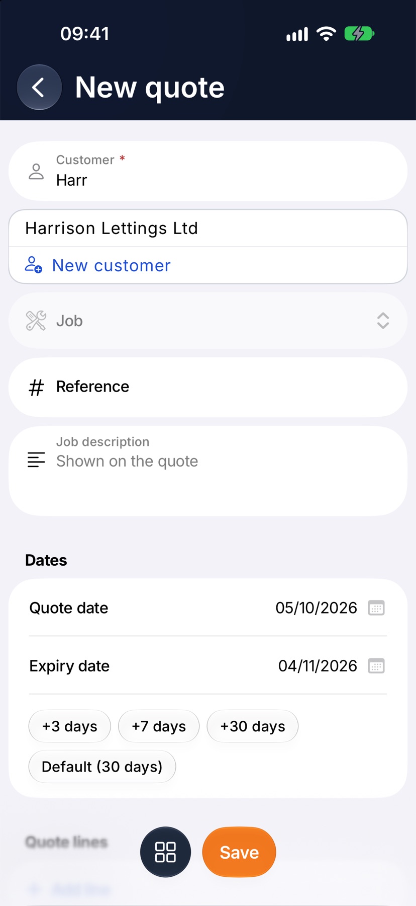 Customer search showing a matching customer and a New customer row