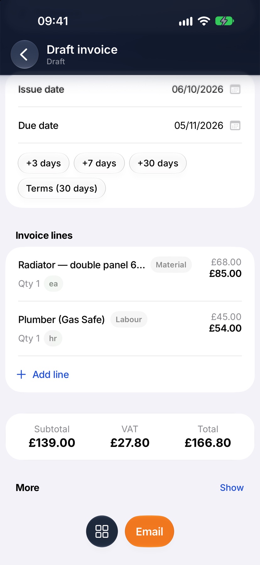 The saved draft invoice with both lines and the Email button