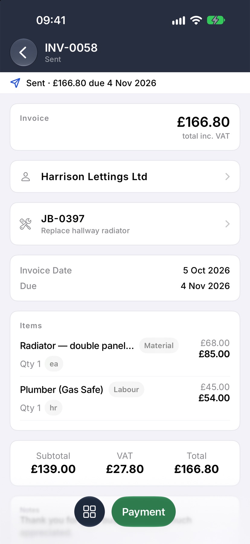 The sent invoice with its number, the amount and the due date