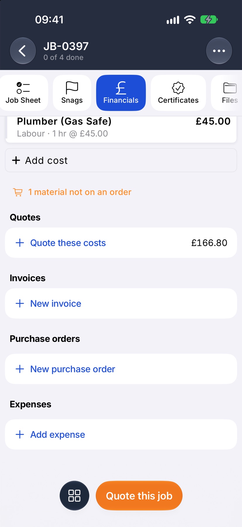 A job's Financials tab with New invoice under Invoices
