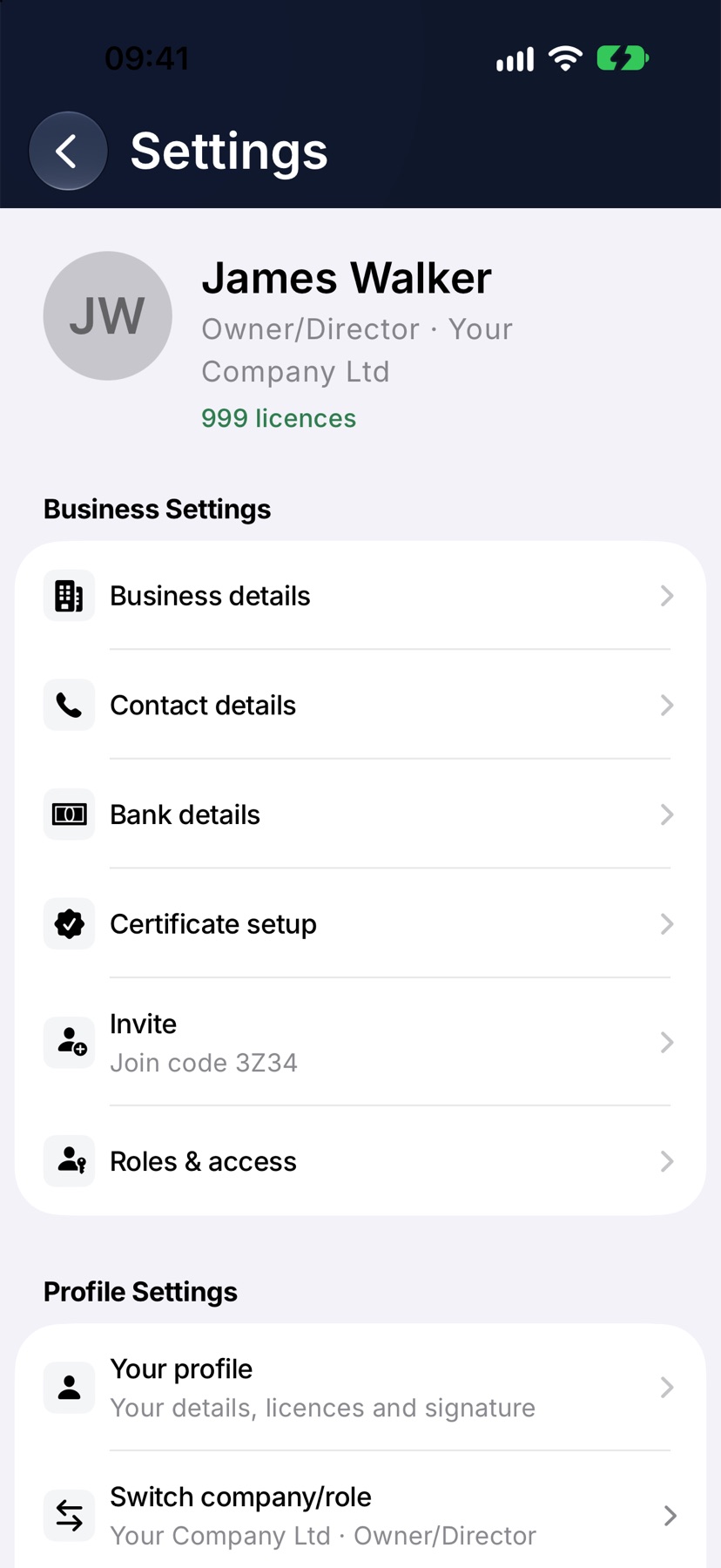 Settings for a company owner, showing the Business Settings section with Business details, Contact details, Bank details and Certificate setup