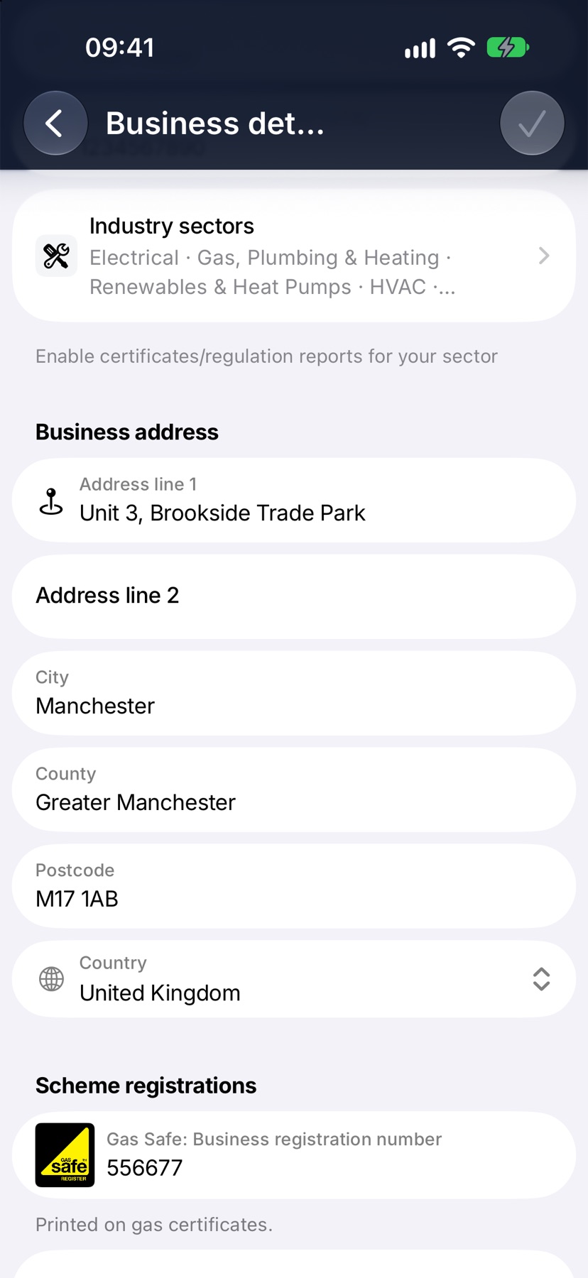 Business details scrolled to Business address, with Address line 1, City, County and Postcode filled in