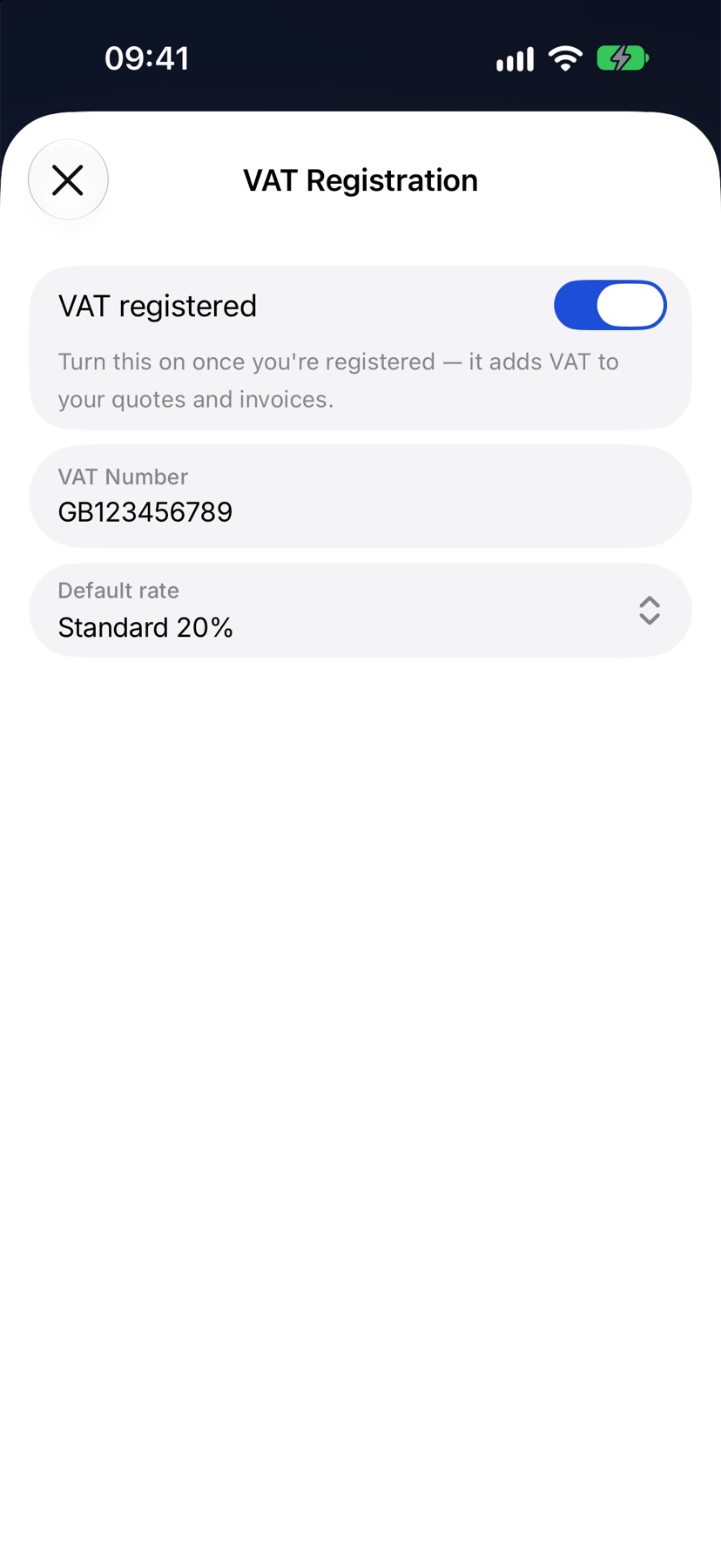 The VAT Registration sheet with VAT registered switched on, a VAT number typed in and Default rate set to the standard rate
