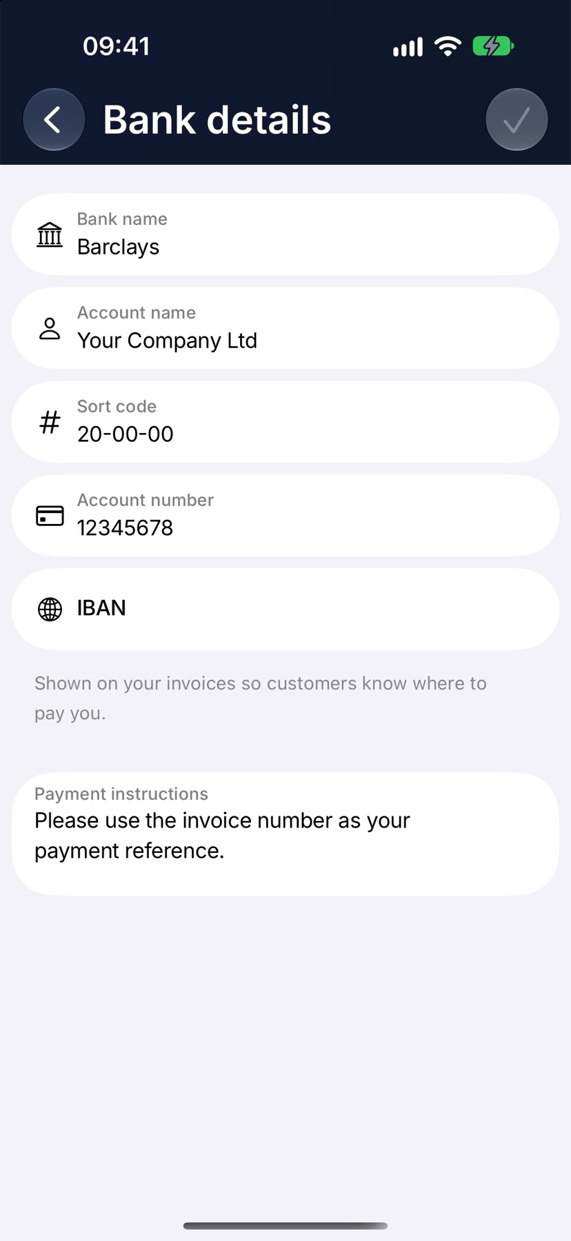 Bank details with a bank name, account name, sort code and account number filled in with sample values