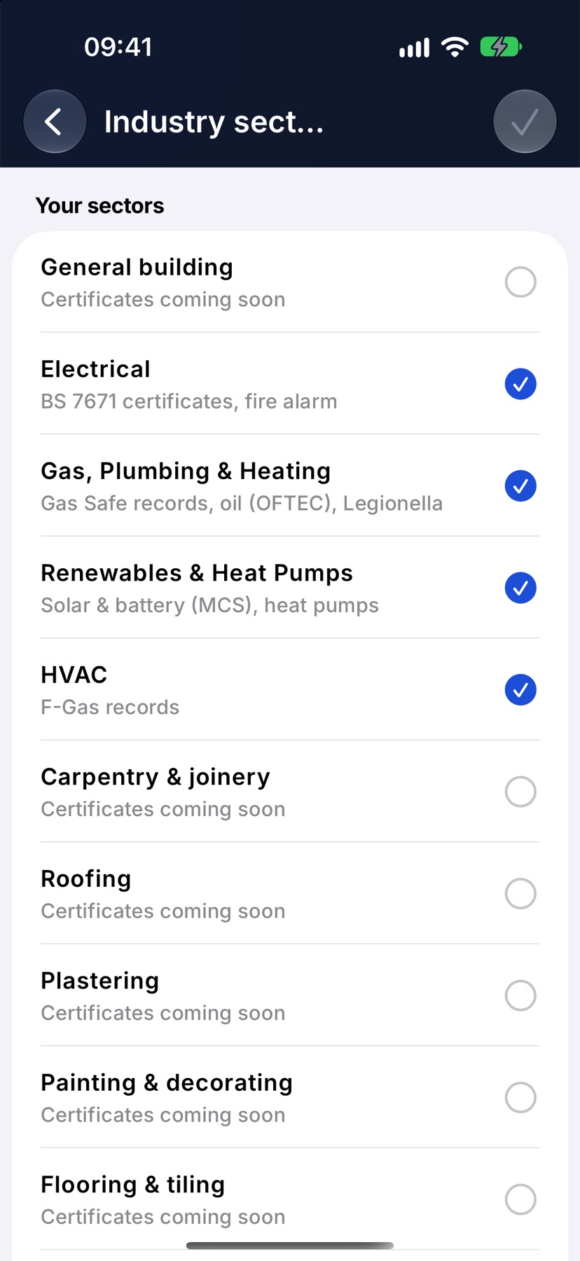 Industry sectors with Electrical, Gas, Plumbing & Heating and others ticked