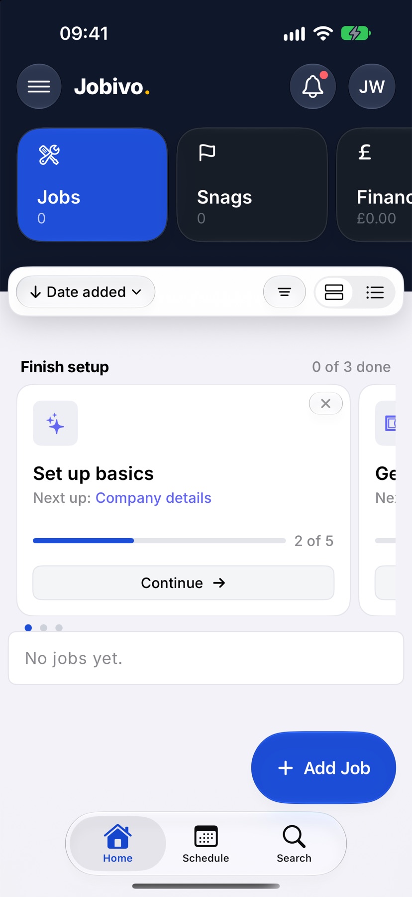 Home for a new company with the Finish setup section showing the Set up basics card, Next up: Company details and its progress bar