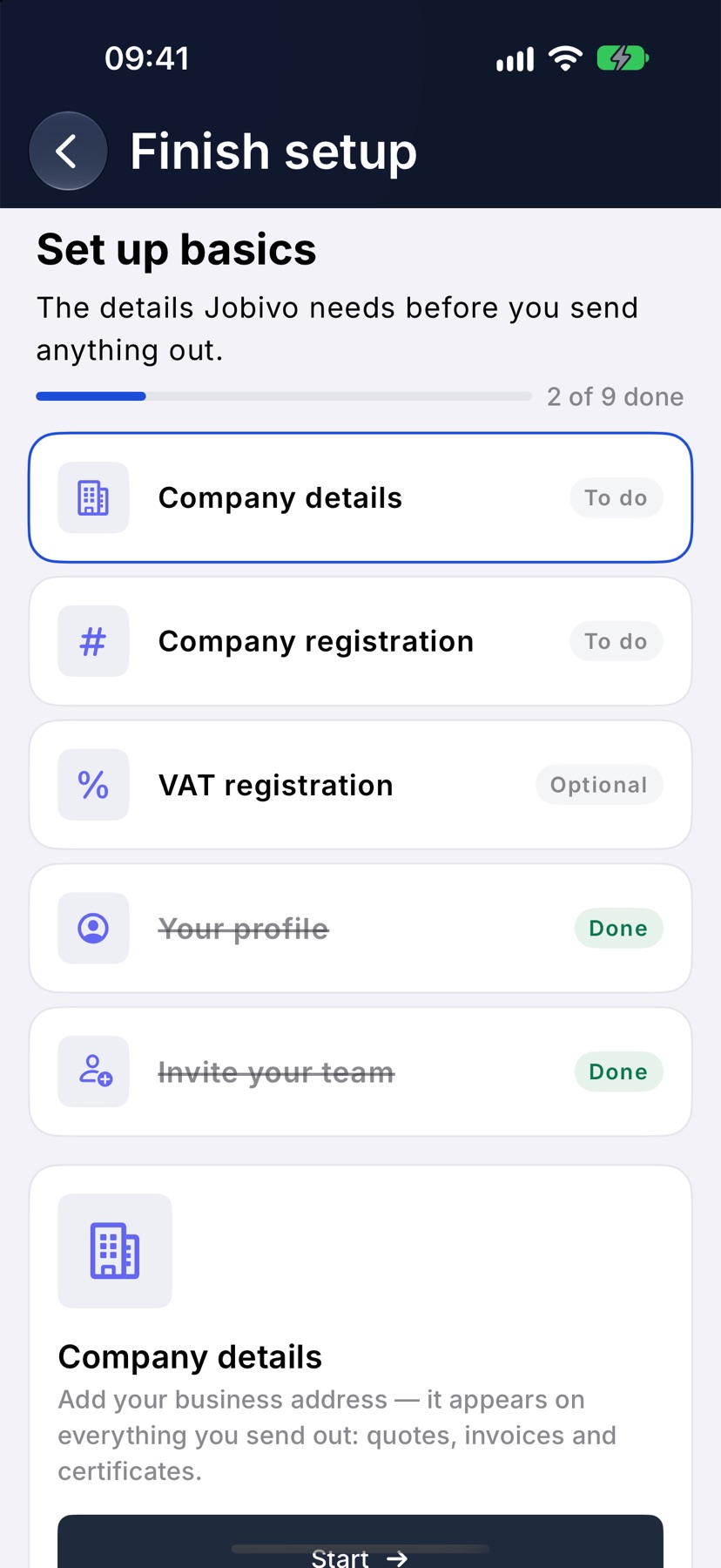 The Finish setup screen for Set up basics, with Company details selected and marked To do, the other rows below and the explaining panel starting at the bottom