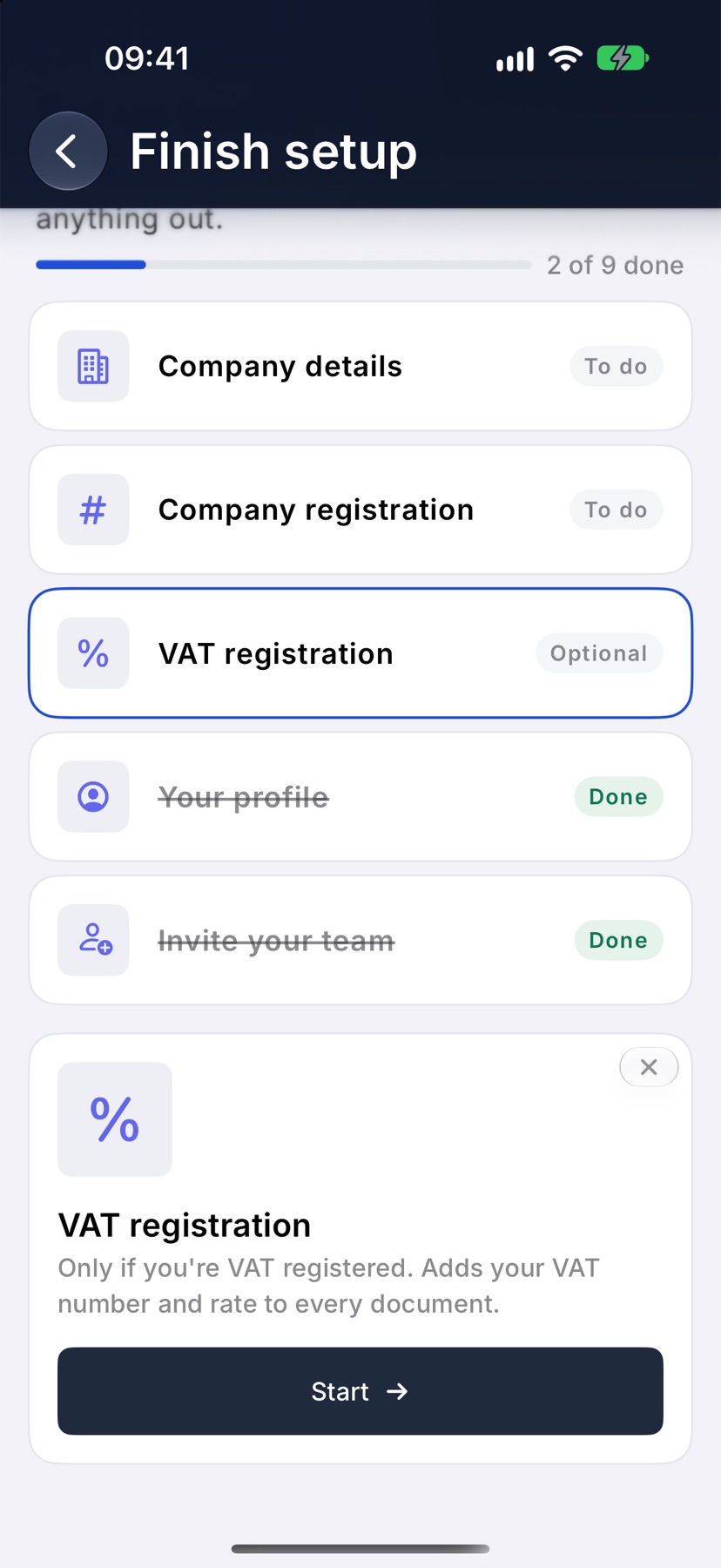 The Finish setup screen for Set up basics with VAT registration selected, marked Optional, and its panel showing a cross at the top right