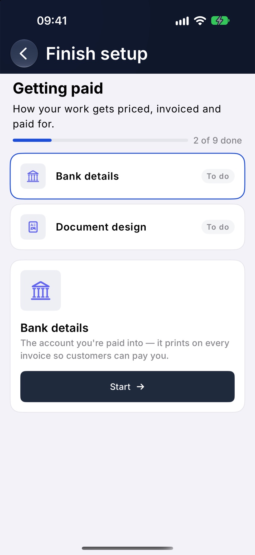 The Finish setup screen for Getting paid, with Bank details and Document design listed and Bank details selected