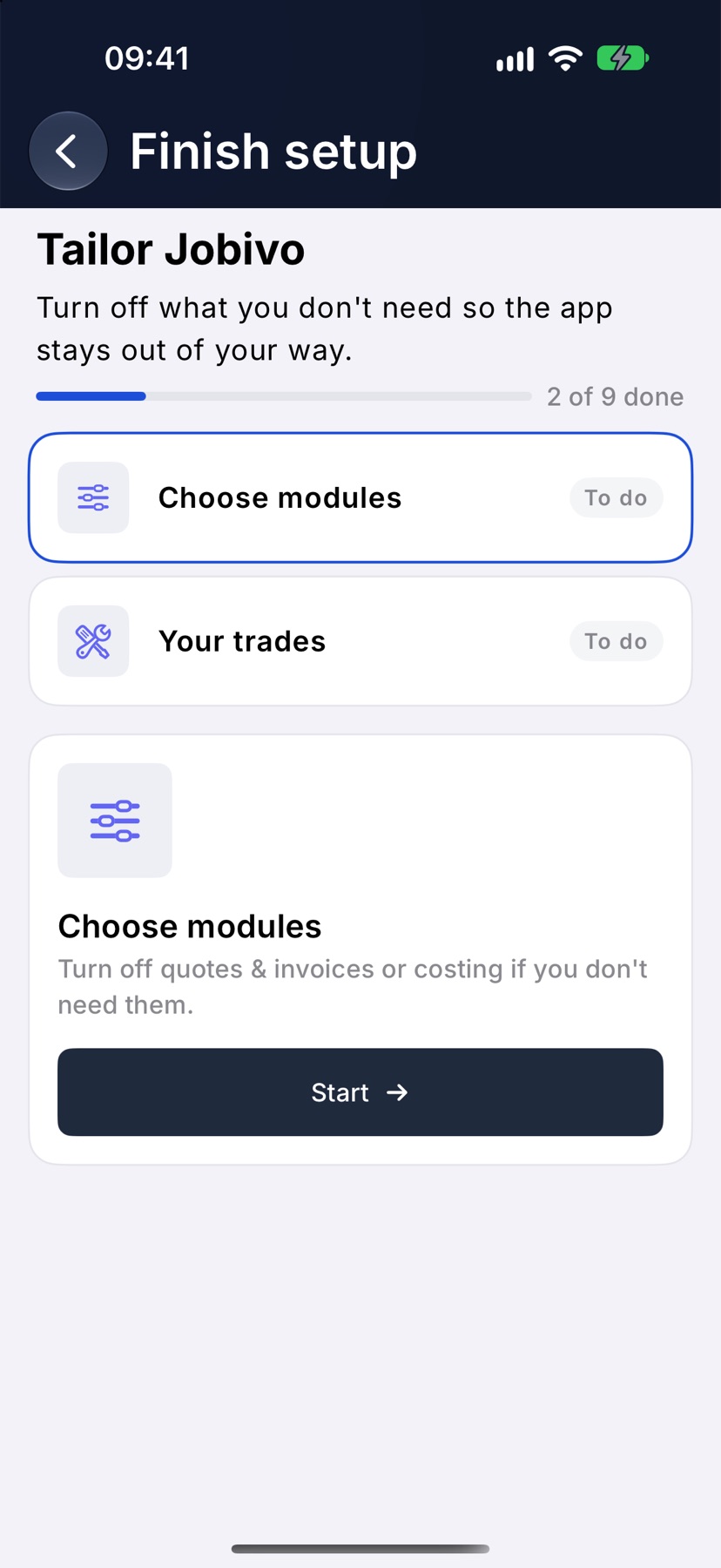 The Finish setup screen for Tailor Jobivo, with Choose modules and Your trades listed