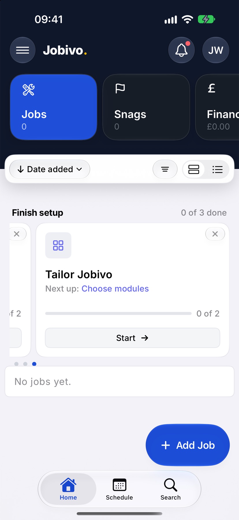 Home with the Finish setup section showing the Tailor Jobivo card