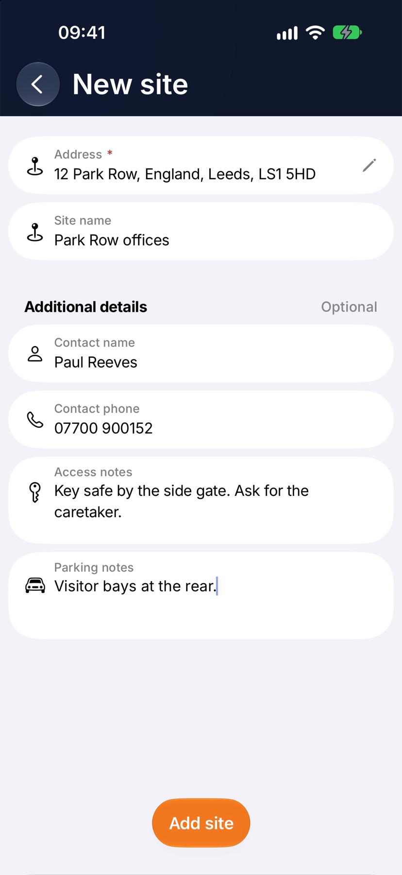 The New site form with the address chosen and a name typed in Site name