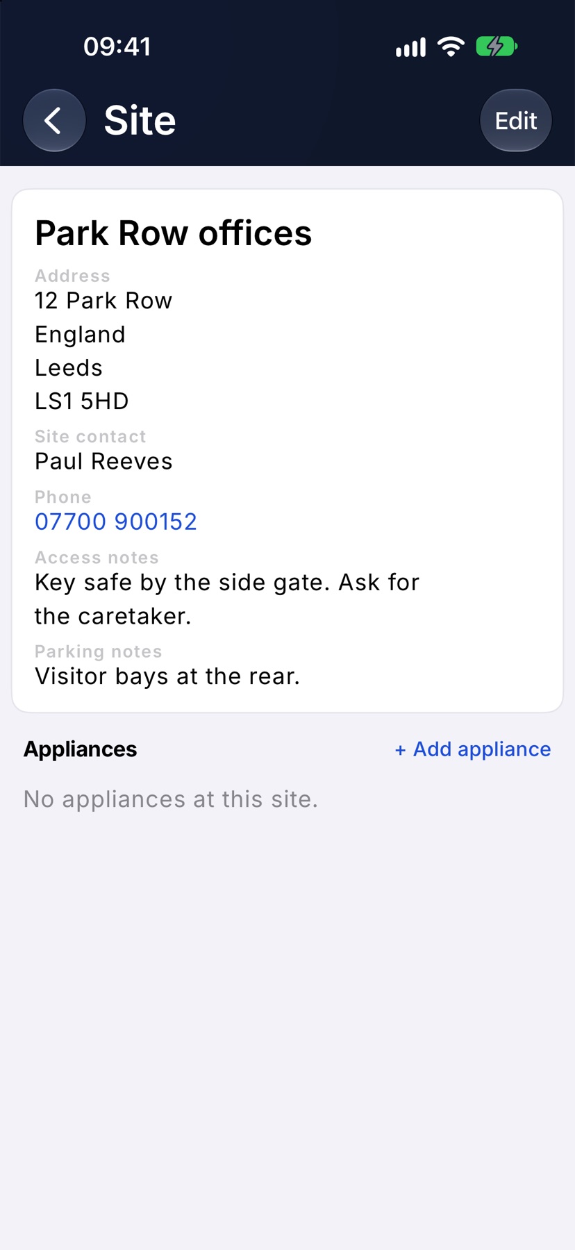 The Site page showing Address, Site contact, Phone, Access notes and Parking notes
