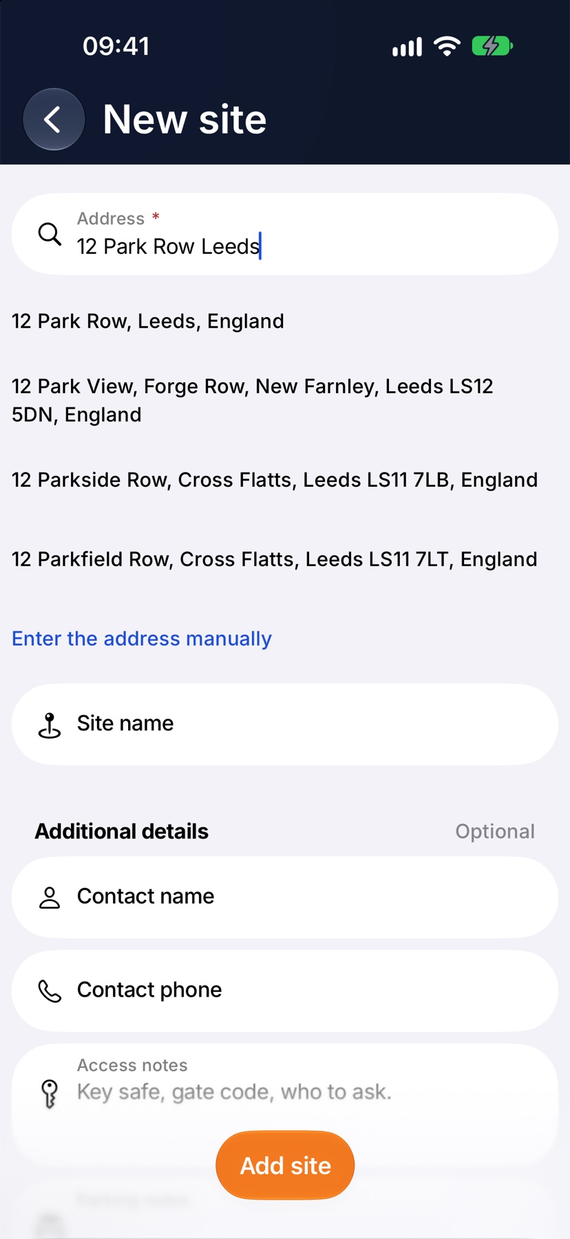 The New site form with an address typed into the Address search field and matching addresses listed below