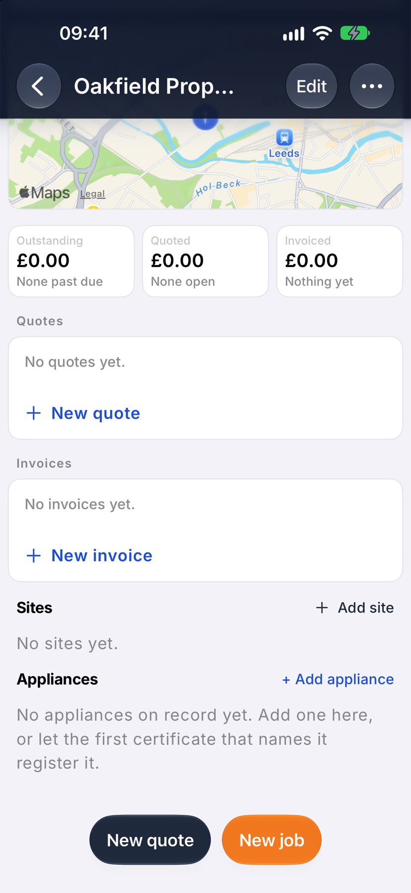 A customer page scrolled to the Sites section