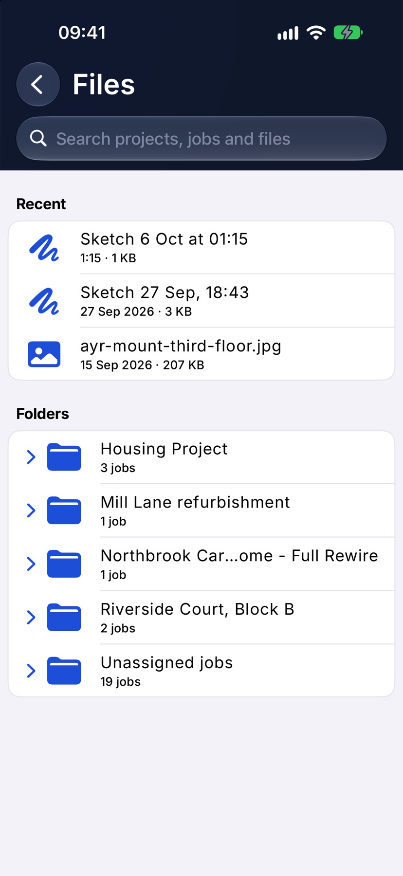 The Files screen from the menu, showing Recent with three files and Folders listing projects and Unassigned jobs
