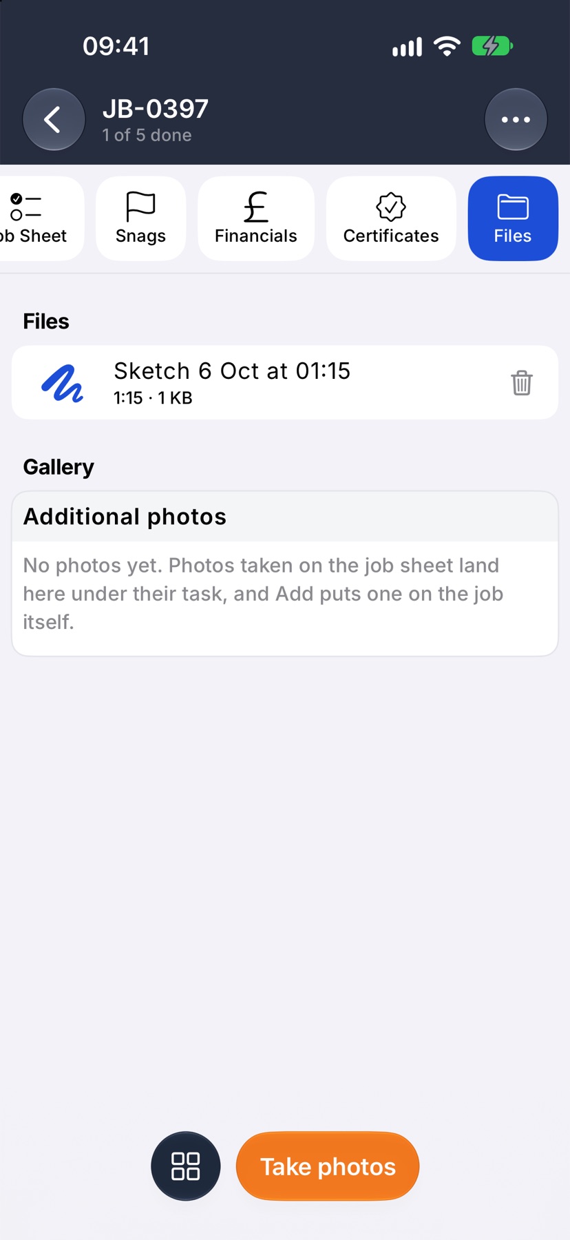 A job open on its Files tab with the Files and Gallery sections, and the bottom bar showing the grid button and Take photos