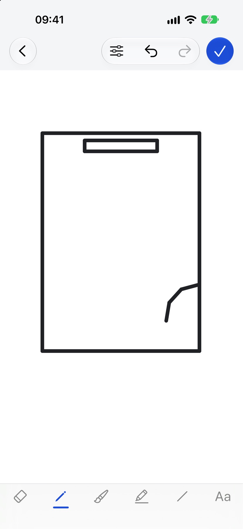 The sketch screen with a simple room outline and a radiator marked on one wall, tools visible