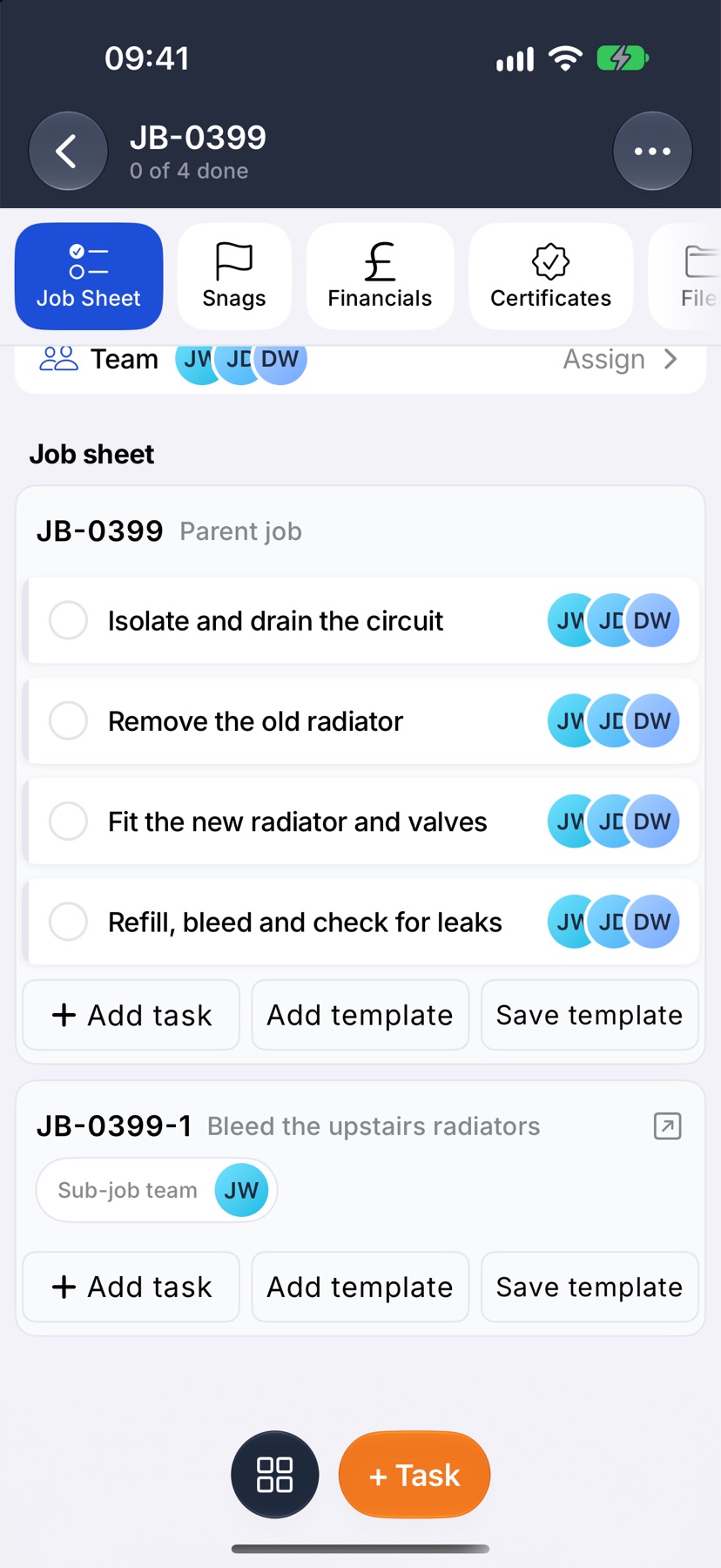 A parent job's Job Sheet tab showing a Parent job section with its tasks and a sub-job section, JB-0399-1 Bleed the upstairs radiators