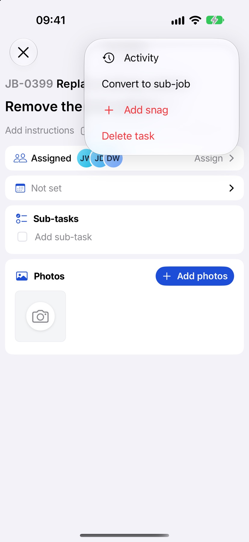 A task opened with the three-dot menu showing Activity, Convert to sub-job, Add snag and Delete task