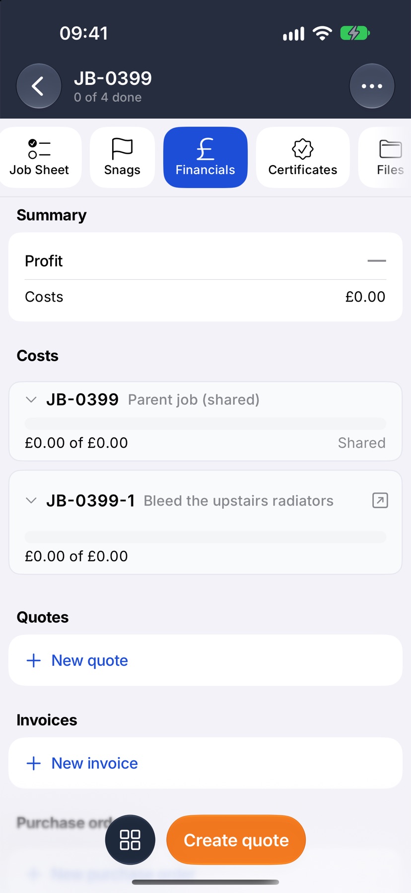 A parent job's Financials tab with one Summary and a row per sub-job under Costs