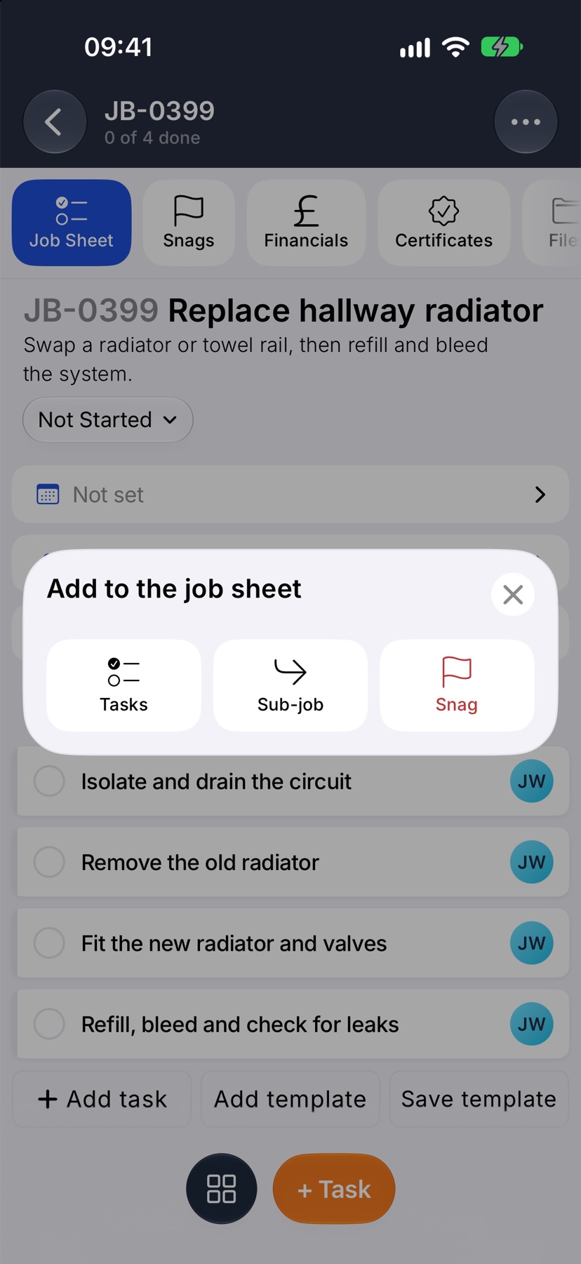 The Add to the job sheet menu open on a job, with the Tasks, Sub-job and Snag tiles