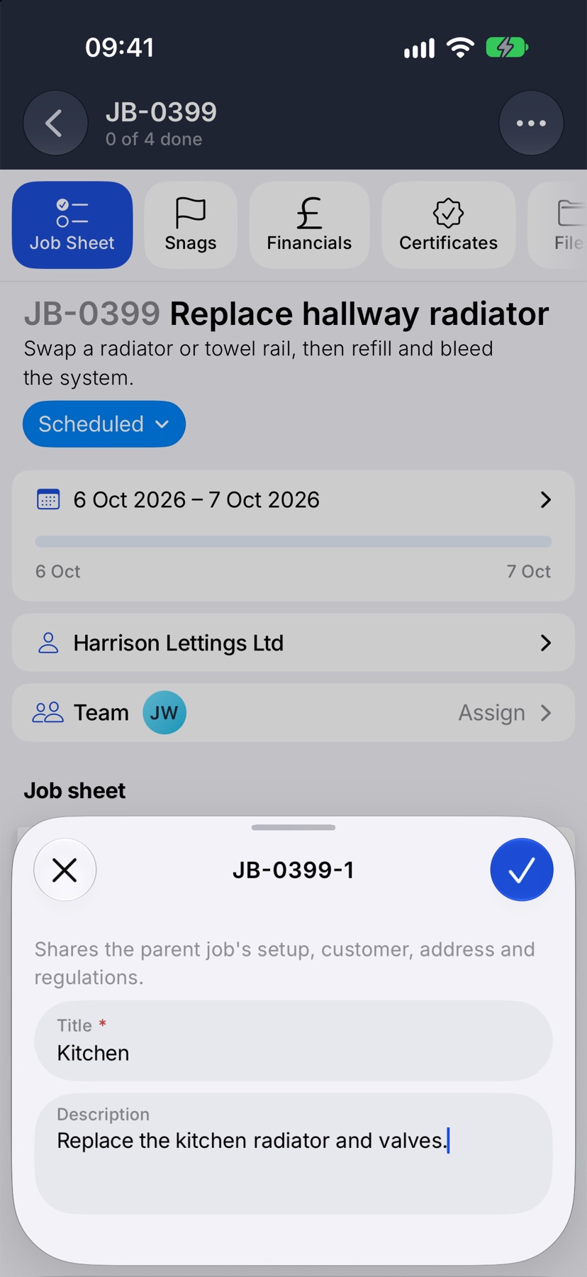 The add sub-job sheet headed with the sub-job's number, with Kitchen typed in Title and a short Description