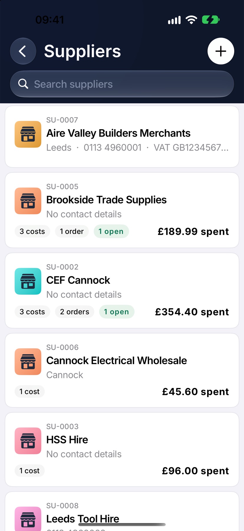 The Suppliers list with supplier cards, each showing a reference, name, contact line, cost and order counts and a spent total