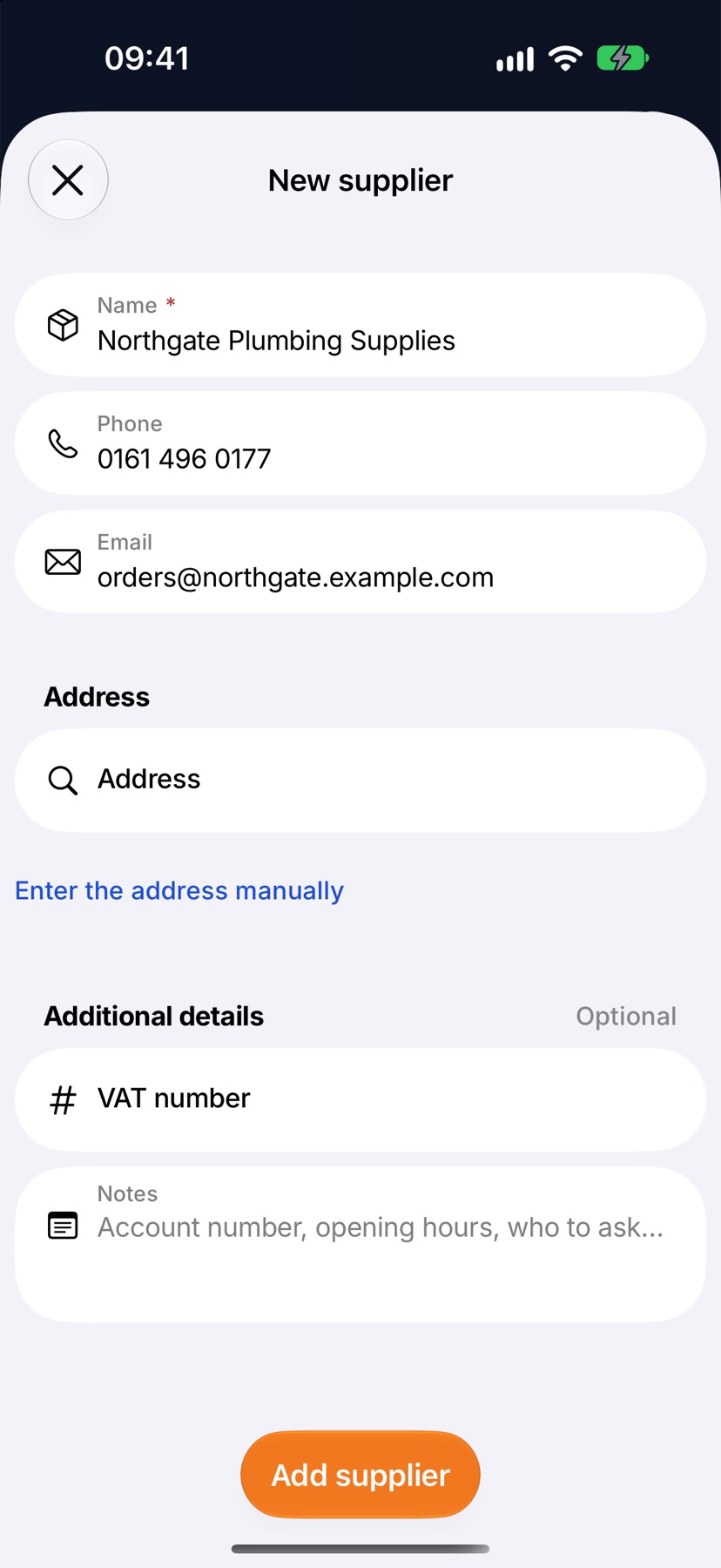 The New supplier form with the name Northgate Plumbing Supplies, a phone number and an email at example.com typed in