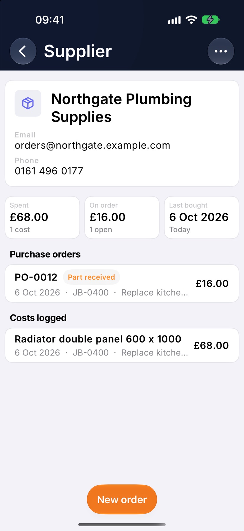 A supplier page for Northgate Plumbing Supplies showing its contact details, the Spent, On order and Last bought figures, then Purchase orders and Costs logged