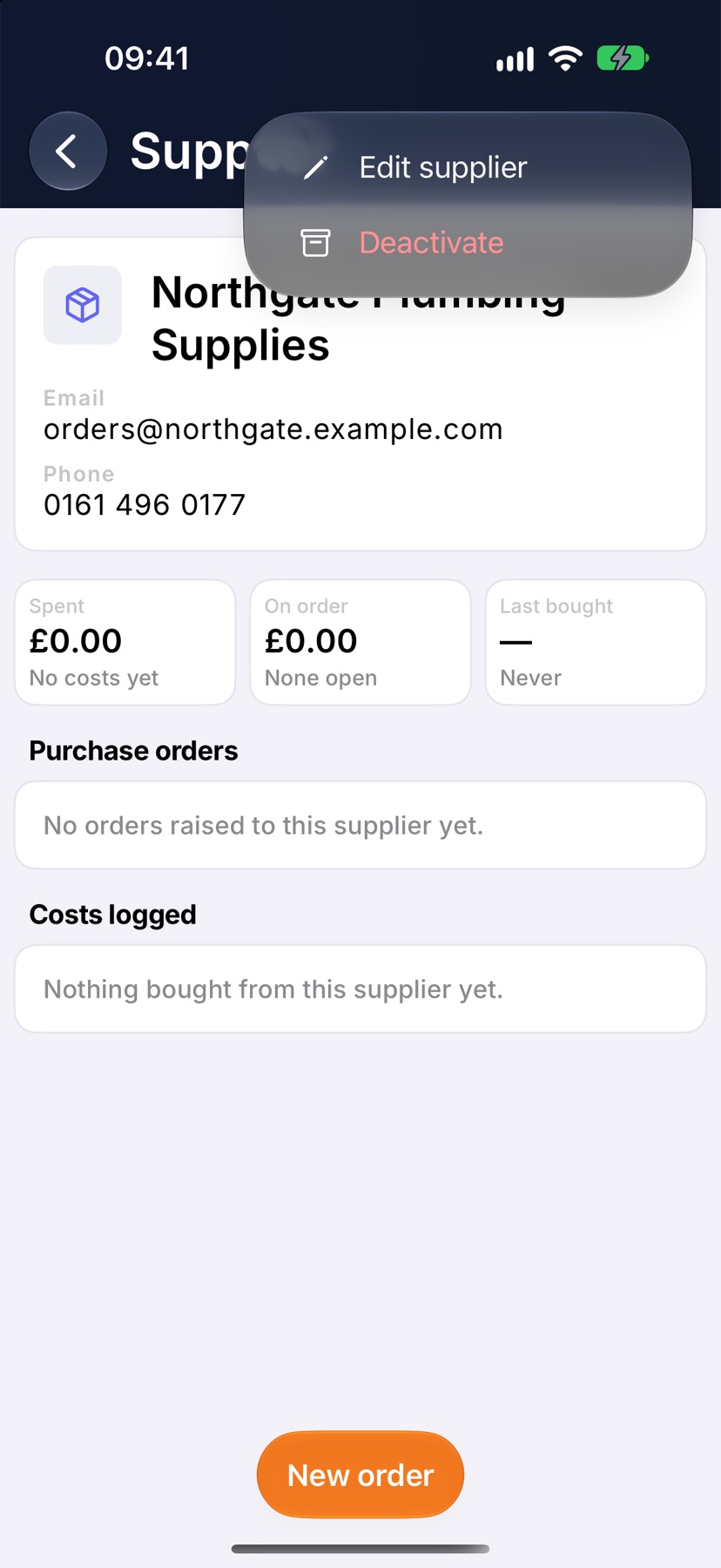 A supplier page with the three dots menu open at the top right, showing Edit supplier and Deactivate