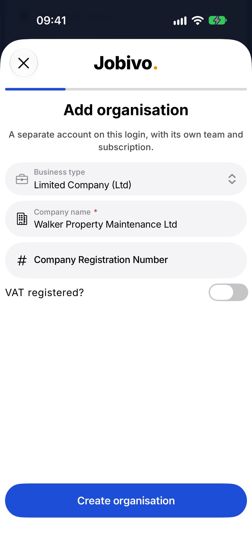 The Add organisation form with Limited Company (Ltd) chosen and a company name typed in