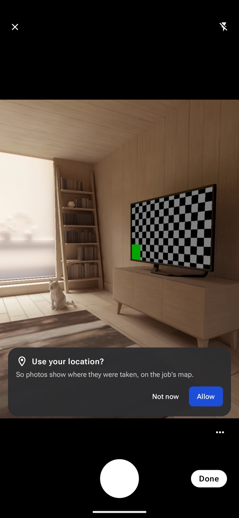 The Jobivo camera on Android, with the Use your location? card showing Not now and Allow