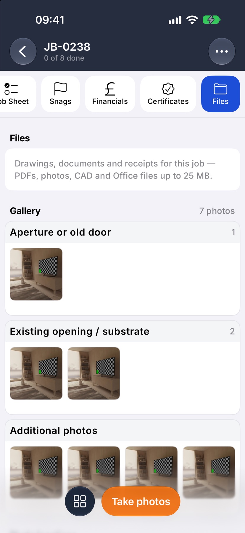 The Gallery section of a job's Files tab with 7 photos grouped under two task names and an Additional photos group