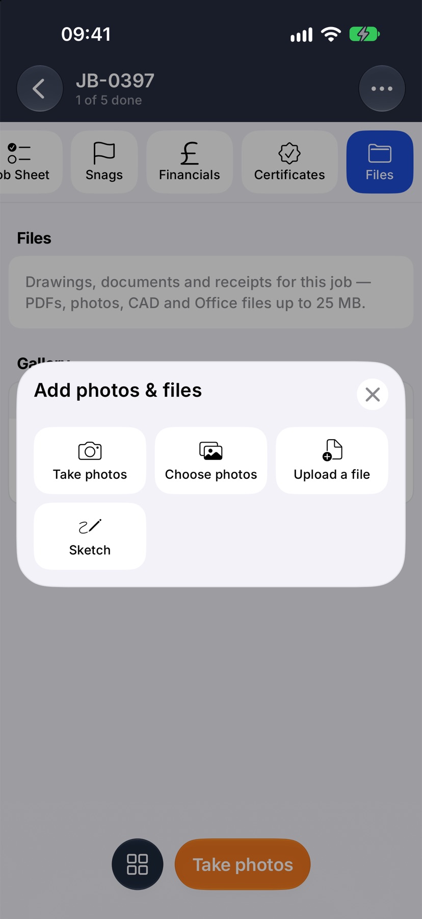 The Add photos & files menu open on a job's Files tab, with Take photos, Choose photos, Upload a file and Sketch