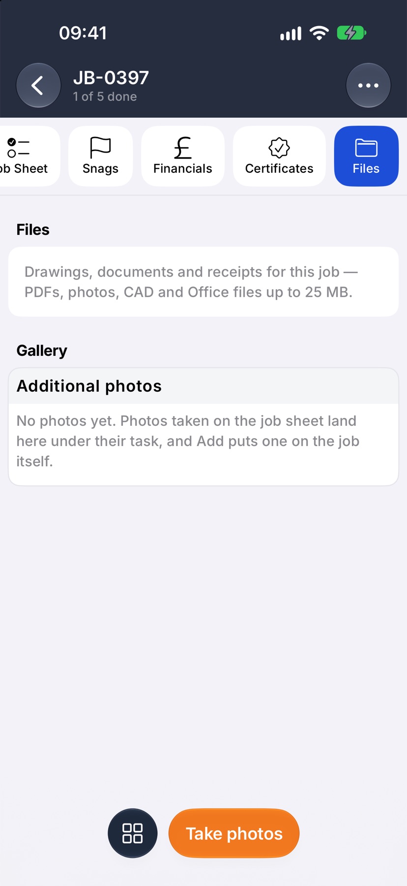 A job open on its Files tab, showing the Files and Gallery sections, with Take photos in the bottom bar