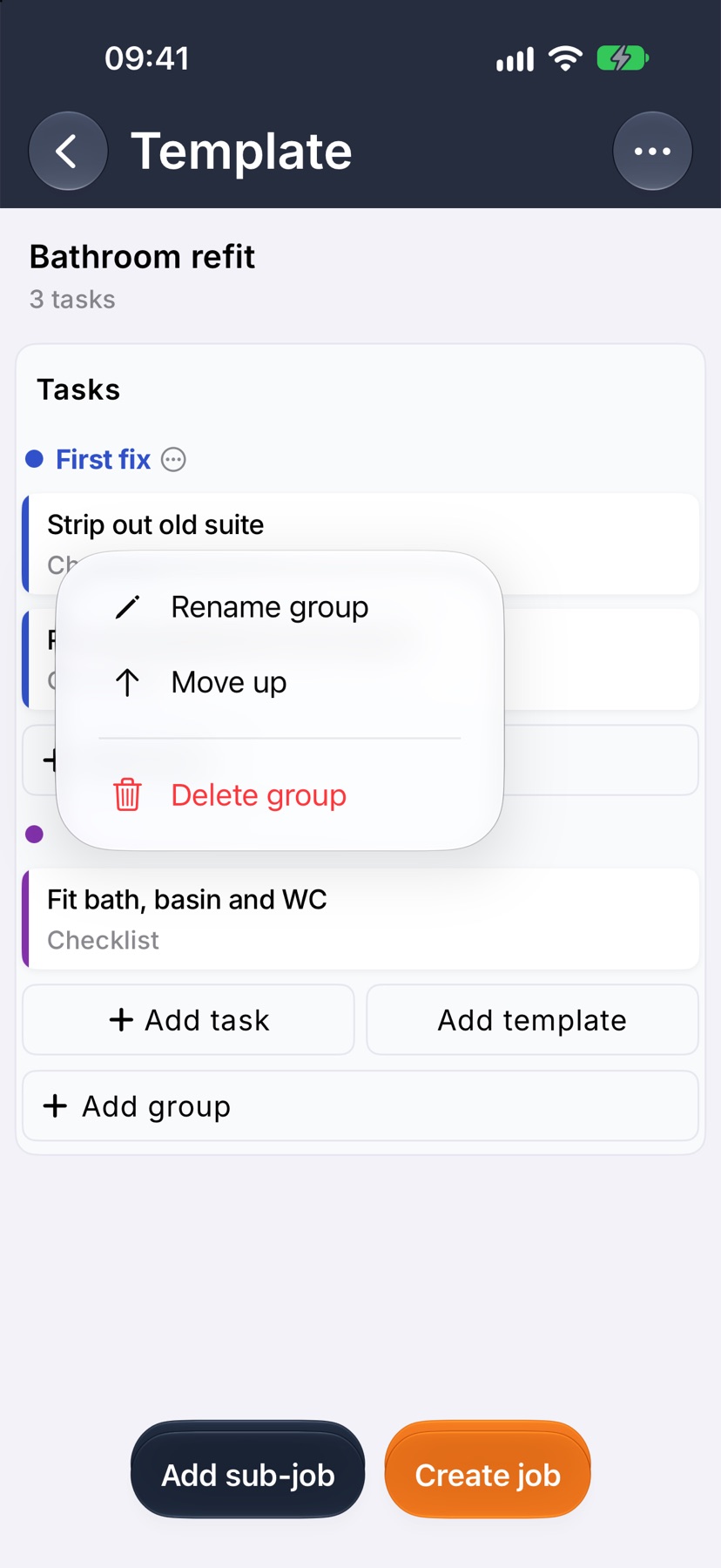 The Bathroom refit template with two groups, First fix and Second fix, each with tasks, and the menu open on the Second fix heading showing Rename group, Move up and Delete group