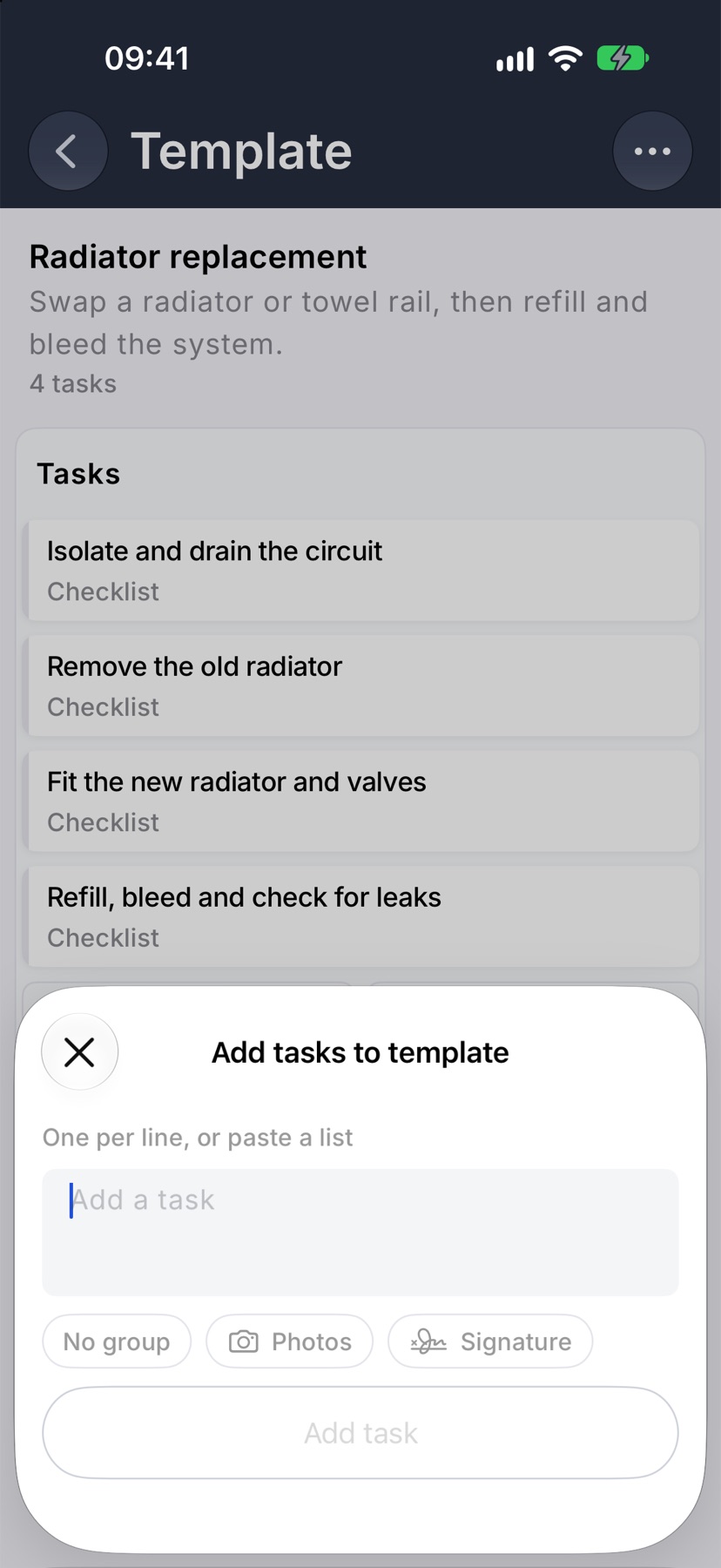 The Add tasks to template sheet as it opens, with the box to type tasks in